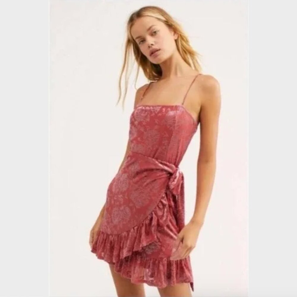 Free People Pink Floral Velvet Ruffle Wrap Mini Dress - Size S